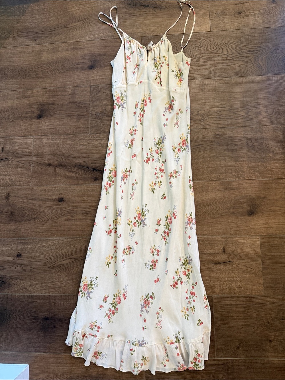 Reformation Cream Maxi Slip Dress with Pink & Green Floral Print